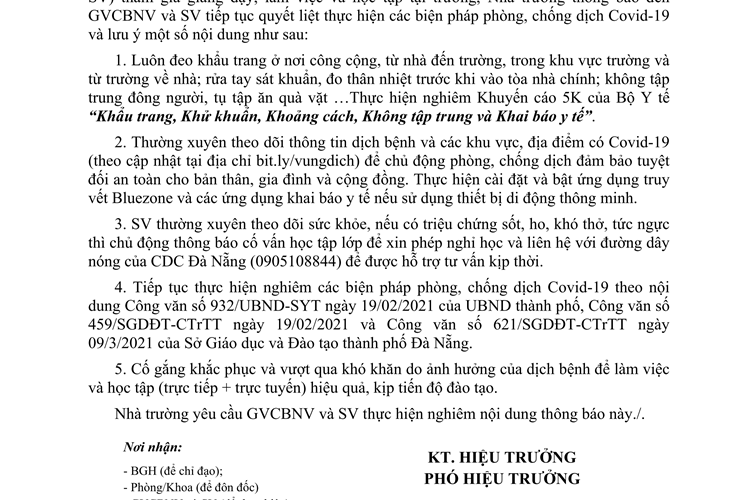 Thông báo số 5 "Về việc tiếp tục quyết liệt thực hiện công tác phòng, chống dịch Covid-19"